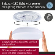 White Luiana LED ceiling light with sensor and satin plastic diffuser, IK03 impact resistance