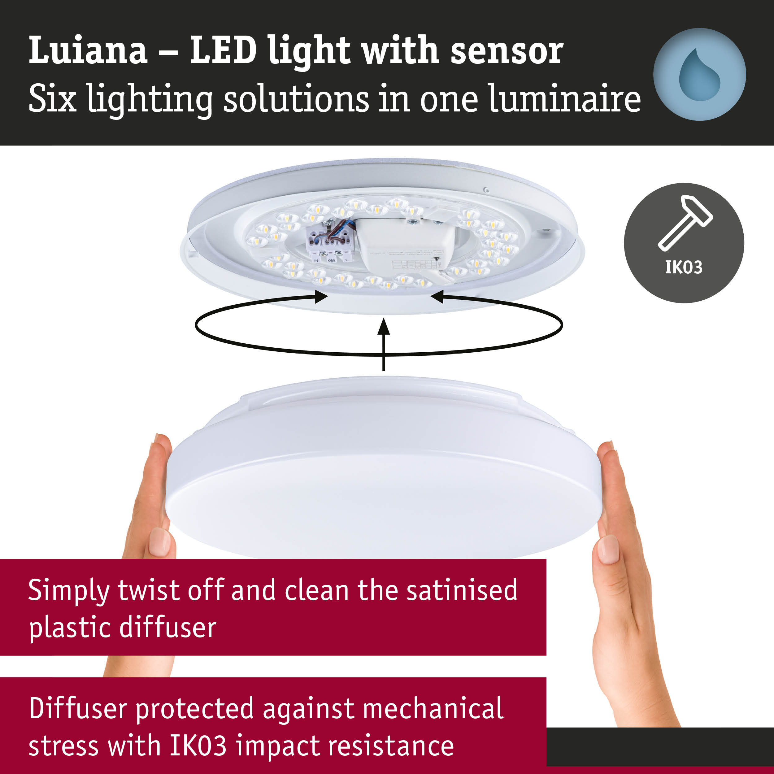 White Luiana LED ceiling light with sensor and satin plastic diffuser, IK03 impact resistance