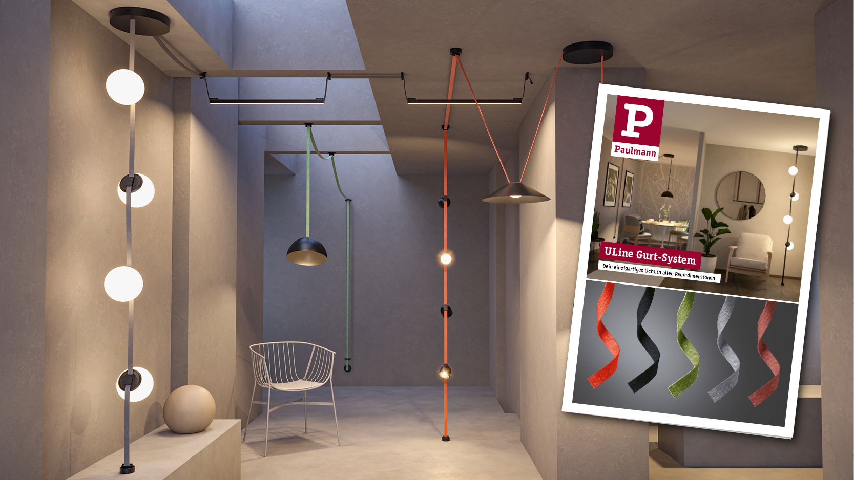 Moderne Hängelampen mit farbigen Textilbändern in Grau, Grün und Orange für flexible Raumbeleuchtung