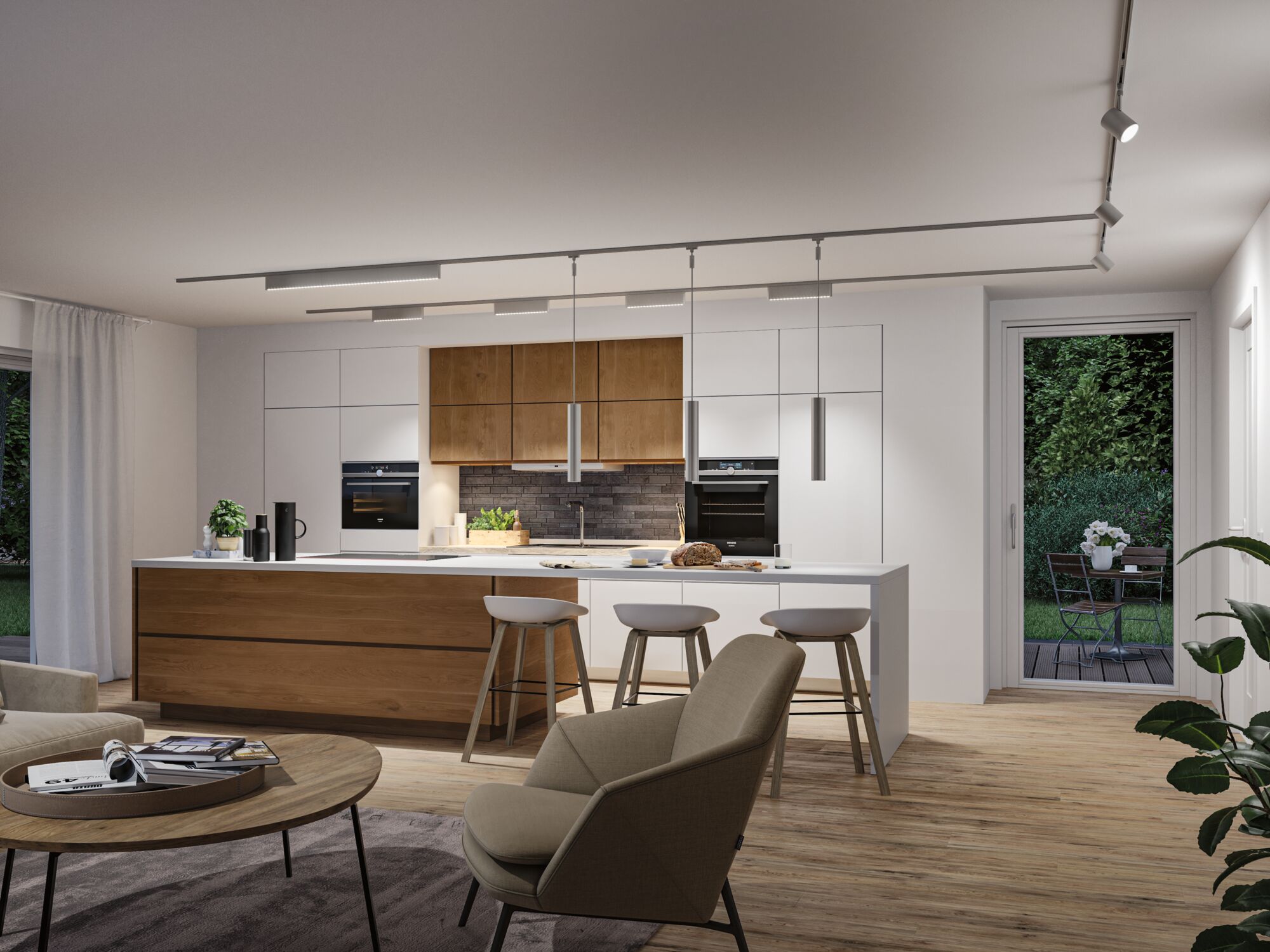 Modern kitchen with wood fronts and white cabinets, silver LED ceiling and pendant lights for bright lighting.