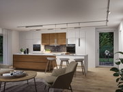 Modern kitchen with wood fronts and white cabinets, silver LED ceiling and pendant lights for bright lighting.