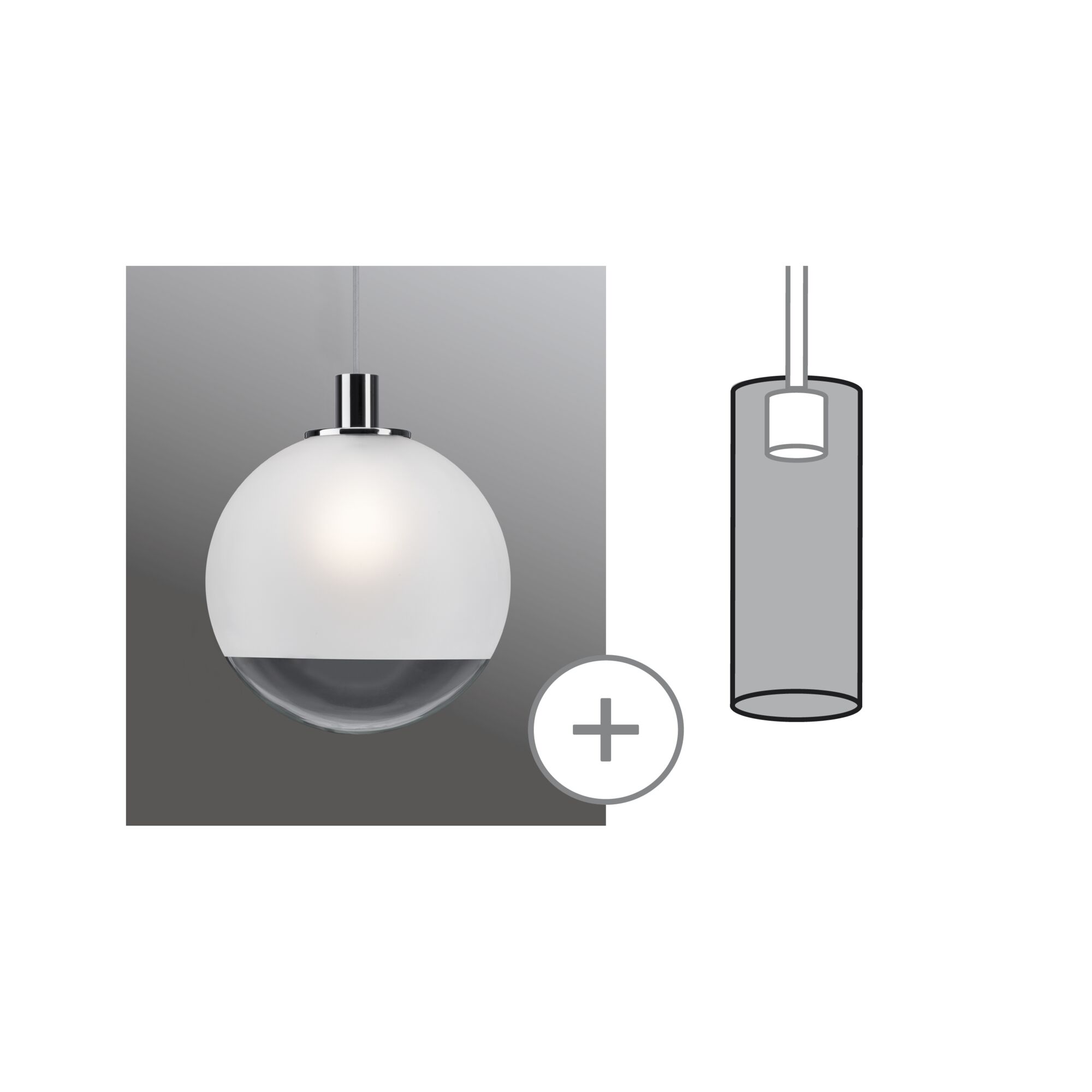Modern pendant lamp with frosted white and clear glass, chrome suspension, LED lighting for living spaces