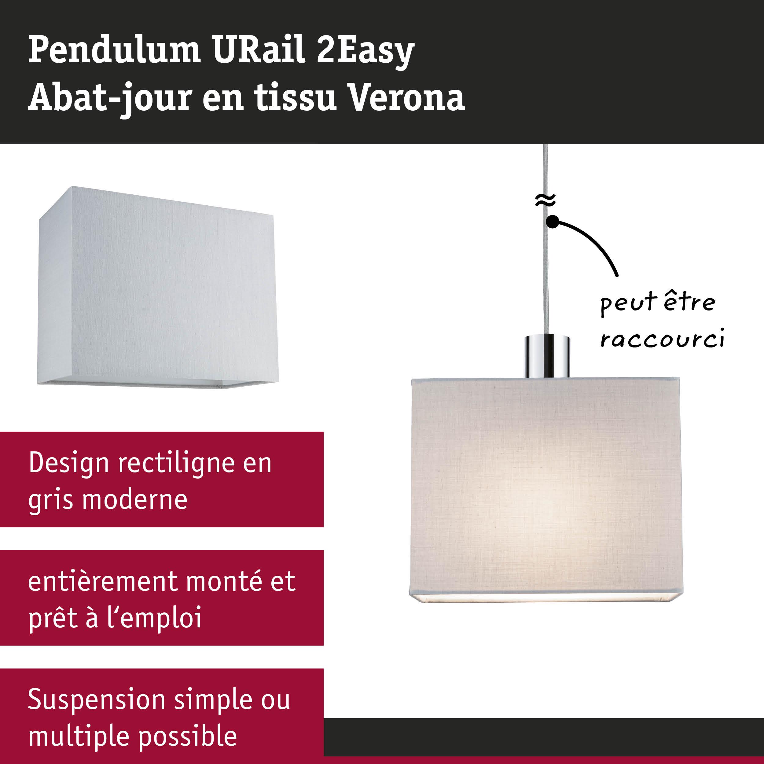 Suspension Pendulum URail 2Easy avec abat-jour en tissu gris Verona, design rectiligne moderne