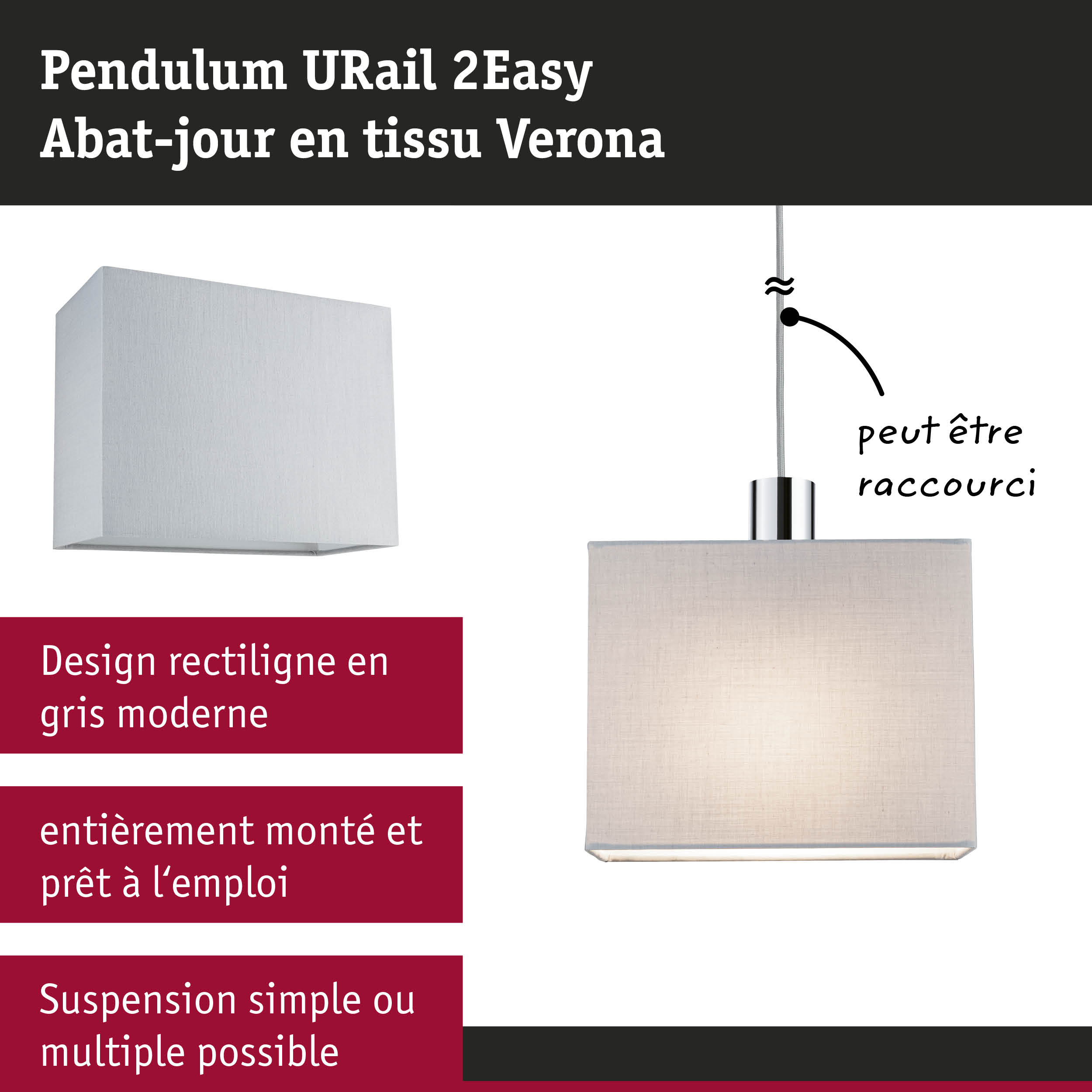Suspension URail 2Easy avec abat-jour en tissu gris Verona au design moderne pour intérieur
