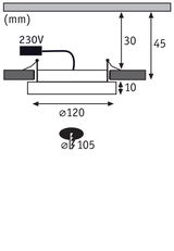 Technical drawing with dimensions of recessed light Ø120 mm, installation depth 45 mm, 230V connection