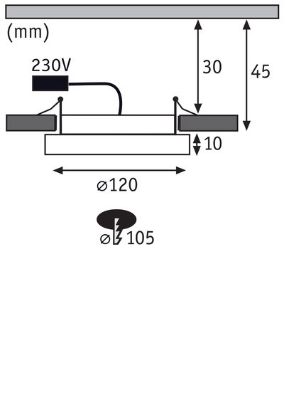 Technical drawing with dimensions of recessed light Ø120 mm, installation depth 45 mm, 230V connection