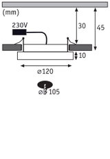Technical drawing with dimensions of recessed light Ø120 mm, installation depth 45 mm, 230V connection