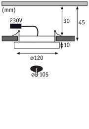 Technical drawing with dimensions of recessed light Ø120 mm, installation depth 45 mm, 230V connection