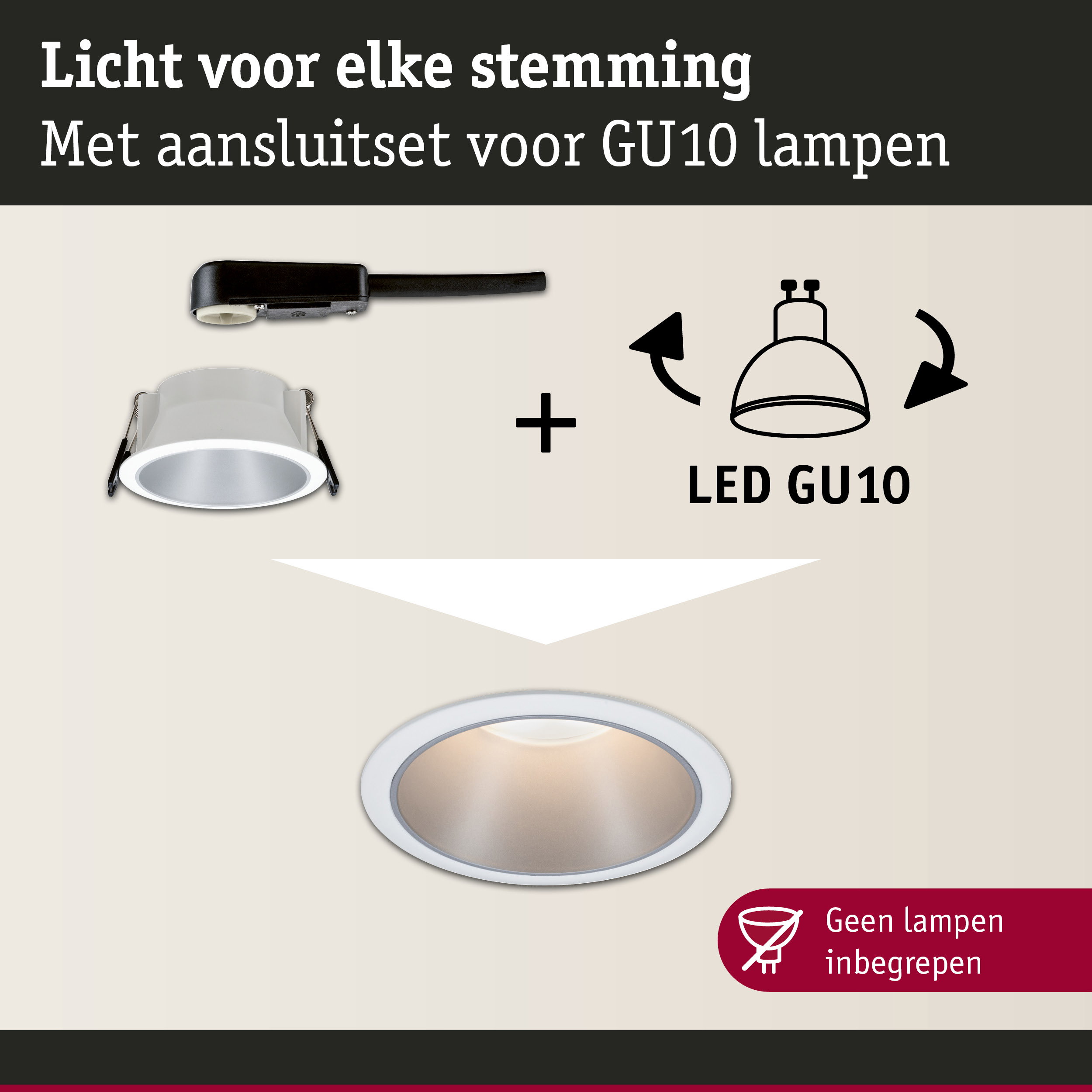 Witte inbouwspot met zwarte aansluitset voor GU10 lampen, LED-compatibel licht