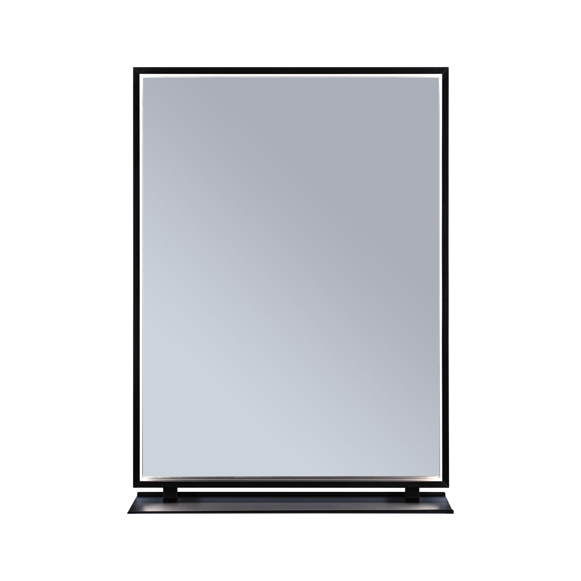 Modern rectangular mirror with black metal frame and shelf, ideal for bathroom or hallway