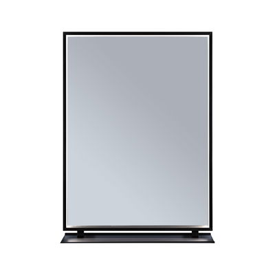 Modern rectangular mirror with black metal frame and shelf, ideal for bathroom or hallway