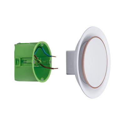 White LED wall switch with brown trim and green plastic wiring box for electrical installation