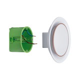 Interrupteur mural LED blanc avec bordure marron et boîte de câblage verte en plastique
