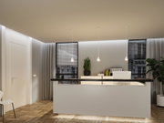 Modern white reception desk with black countertop and three white pendant lights in office space