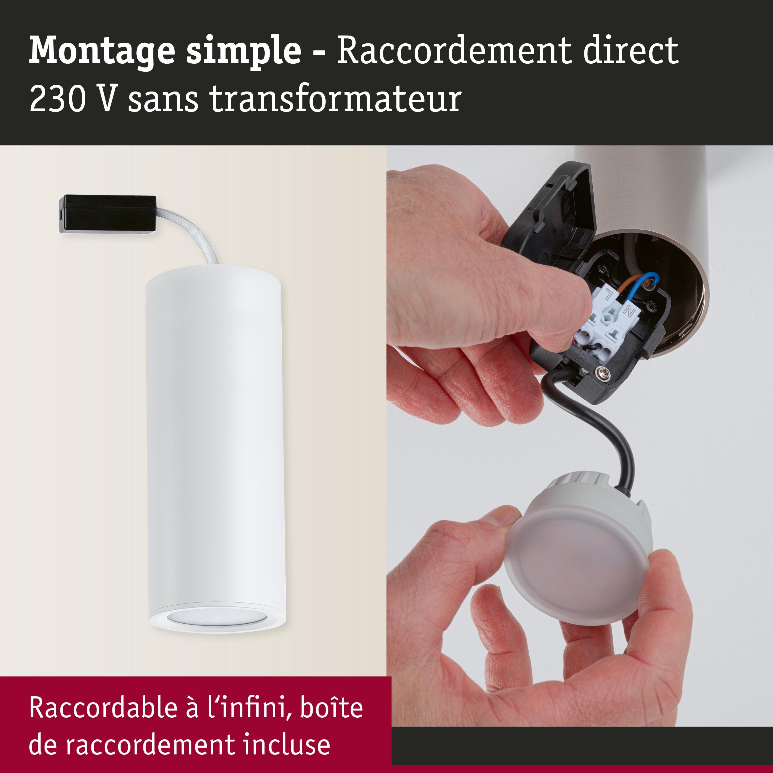 Spot LED blanc à montage simple avec raccord direct 230 V sans transformateur, boîte de raccordement incluse