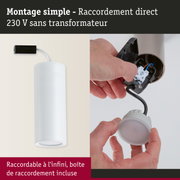 Spot cylindrique blanc en métal avec raccordement direct 230V sans transformateur, guide de montage