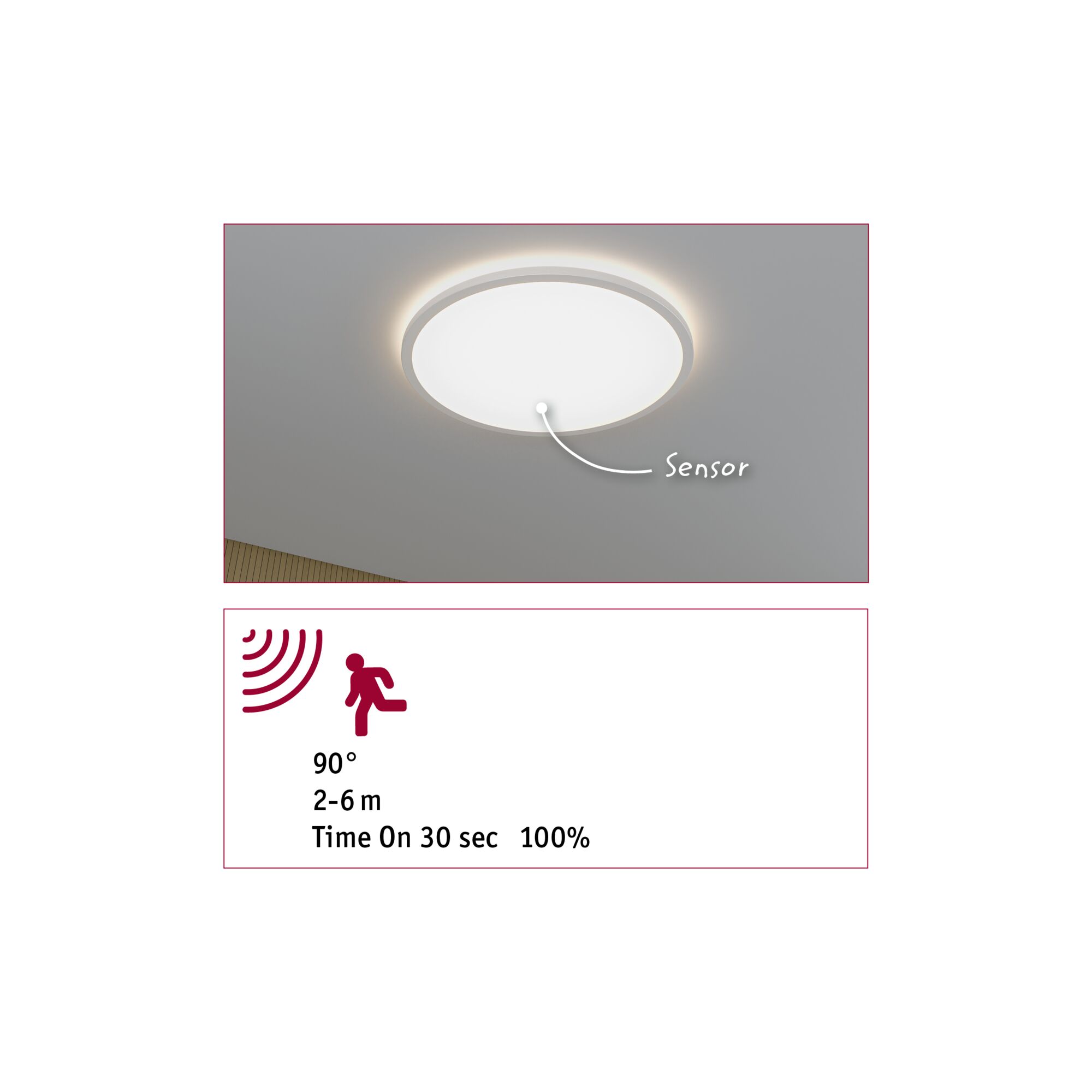 Round white ceiling light with built-in sensor and 90° motion detector for indoor use.