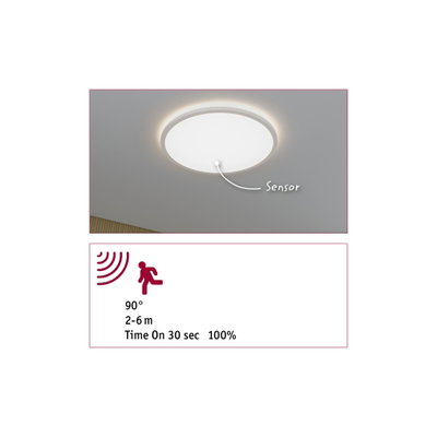 Rund hvid loftslampe med indbygget sensor og 90° bevægelsesdetektor til indendørs brug.