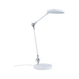 White LED desk lamp with round head and adjustable arm made of metal and plastic