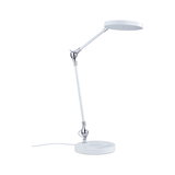 Hvid LED-skrivebordslampe med rund lampehoved og justerbar arm i metal og plastik