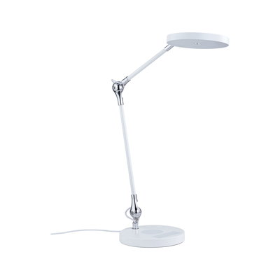 Hvid LED-skrivebordslampe med rund lampehoved og justerbar arm i metal og plastik