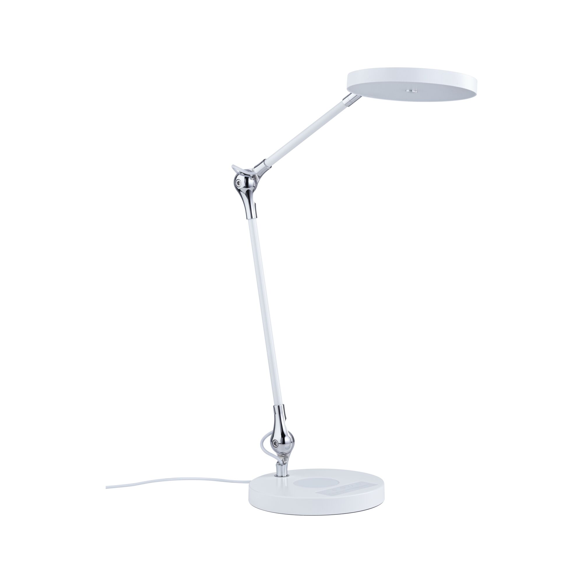 Weiße LED-Tischleuchte mit rundem Leuchtkopf und verstellbarem Arm aus Metall und Kunststoff