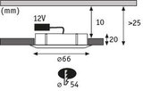 Technische tekening van 12V LED inbouwspot met afmetingen in millimeters