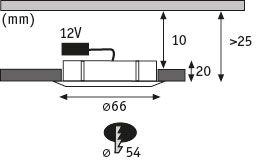 Technische tekening van 12V LED inbouwspot met afmetingen in millimeters