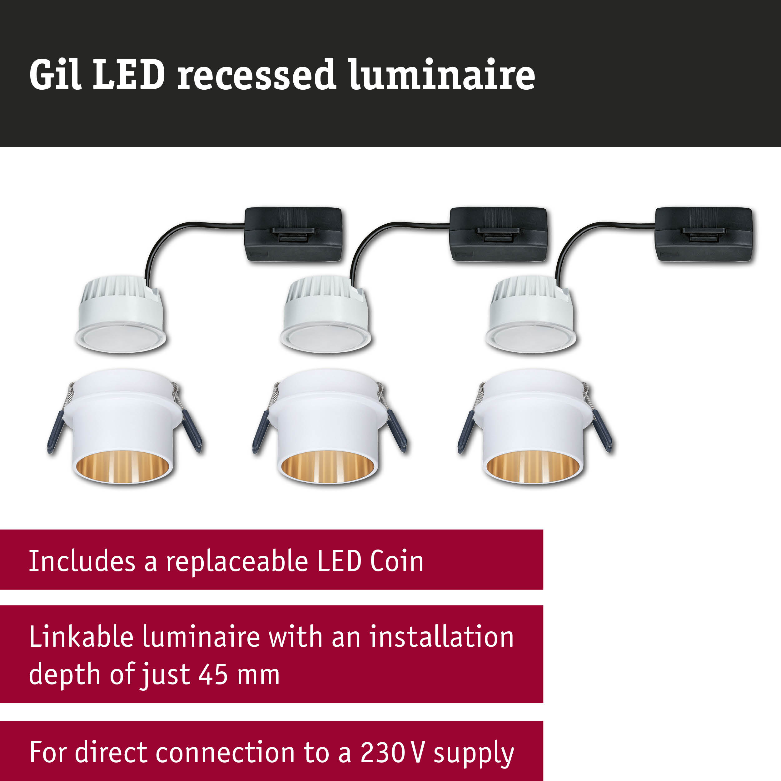 Gil white LED recessed spotlight with gold interior and black power cable for ceiling lighting