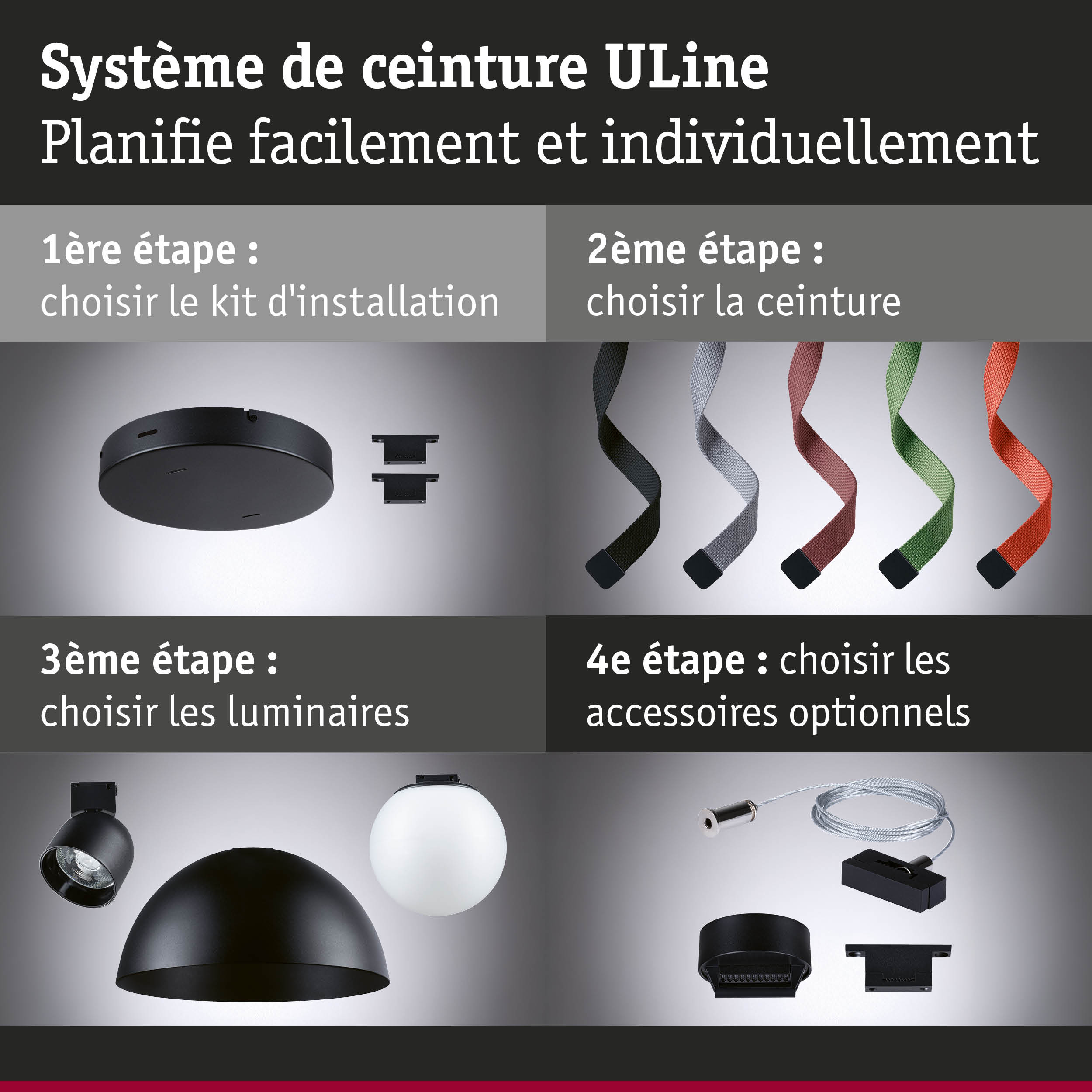 Kit de montage plafond ULine noir avec sangles textiles colorées et luminaires variés pour système d'éclairage