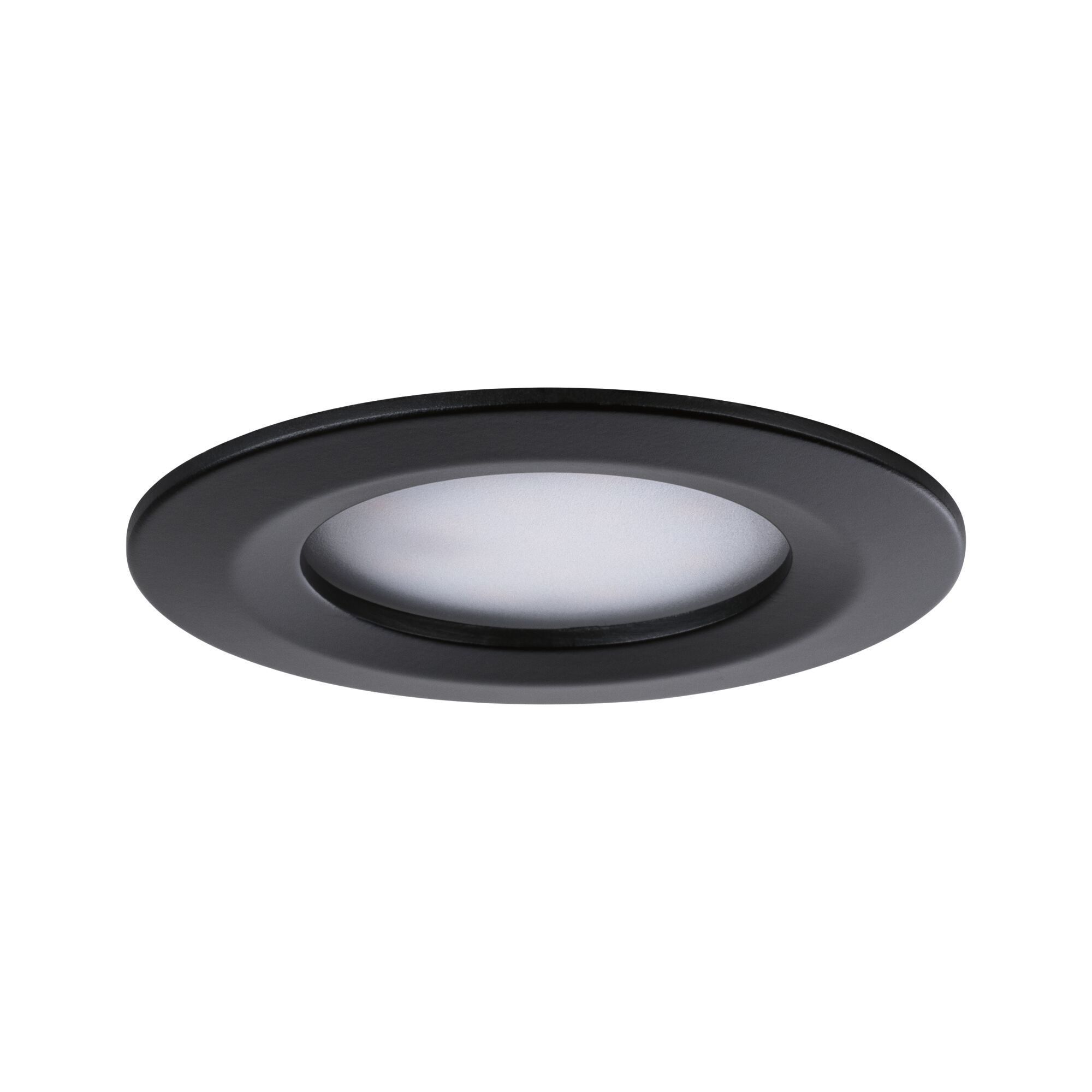 Round black LED recessed light with matte white cover for energy-efficient room lighting