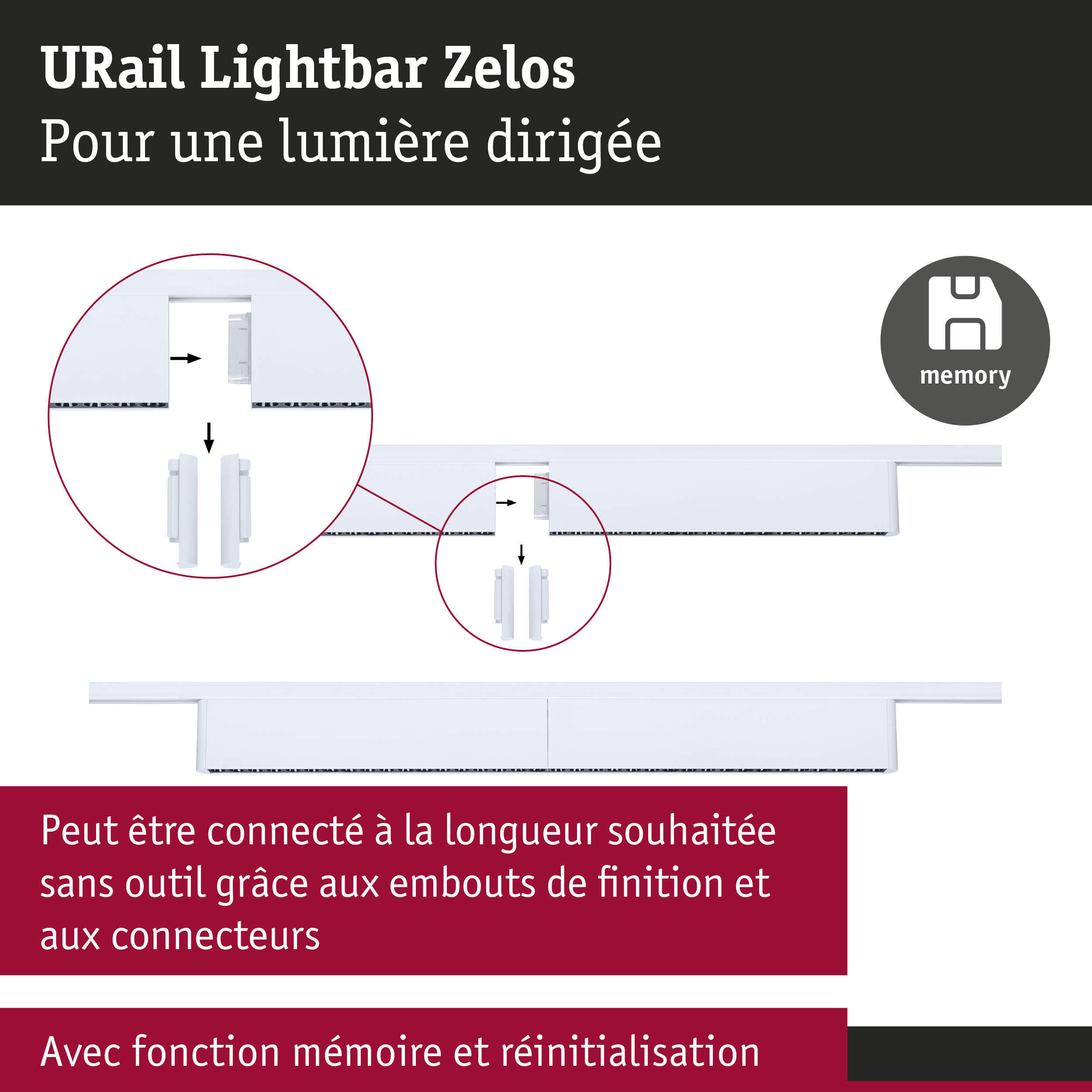 Lightbar URail Zelos blanc avec fonction mémoire et connecteurs sans outil pour éclairage sur rail