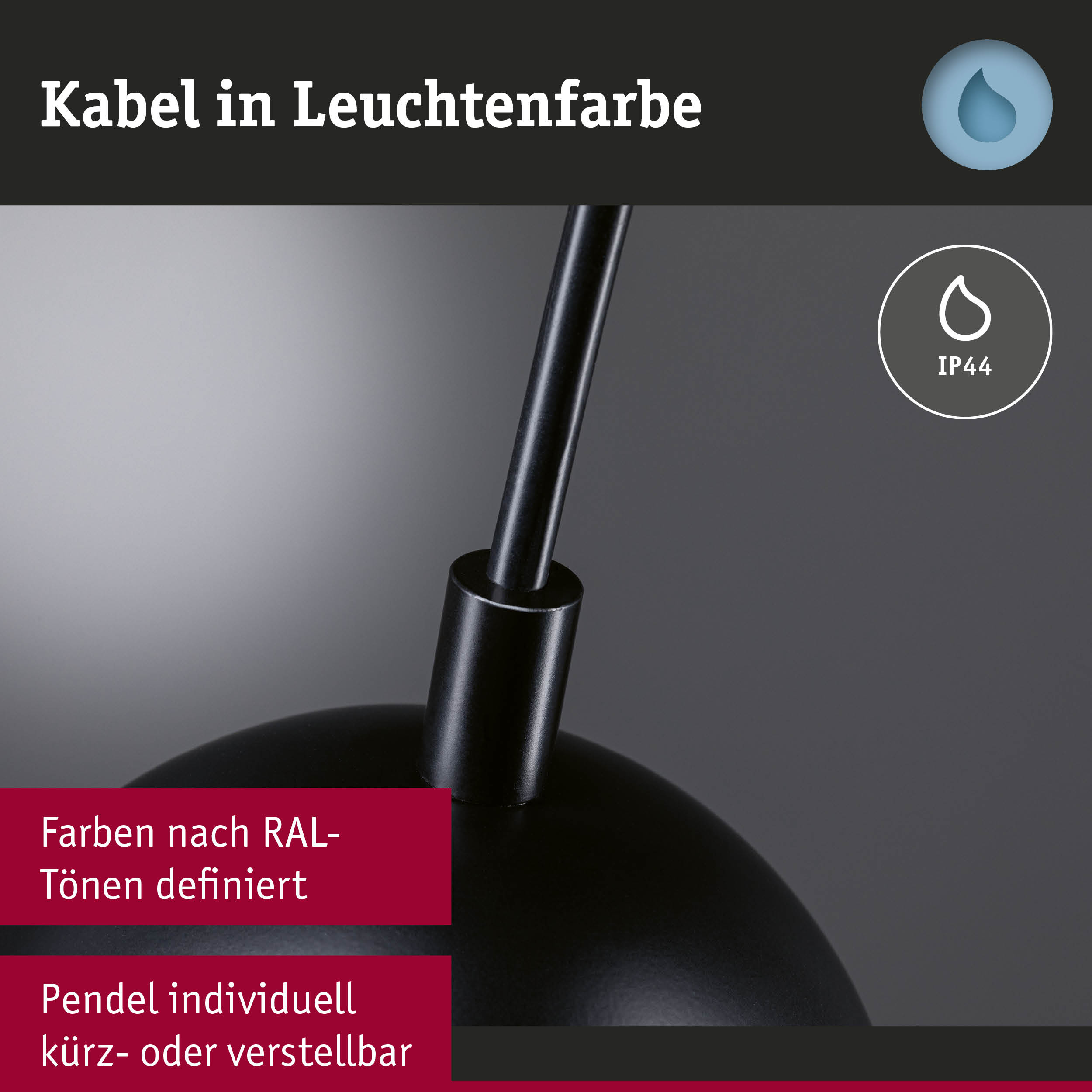 Schwarzes Pendel mit flexiblem Kabel und IP44 Schutz, individuell kürz- oder verstellbar, RAL-Farben