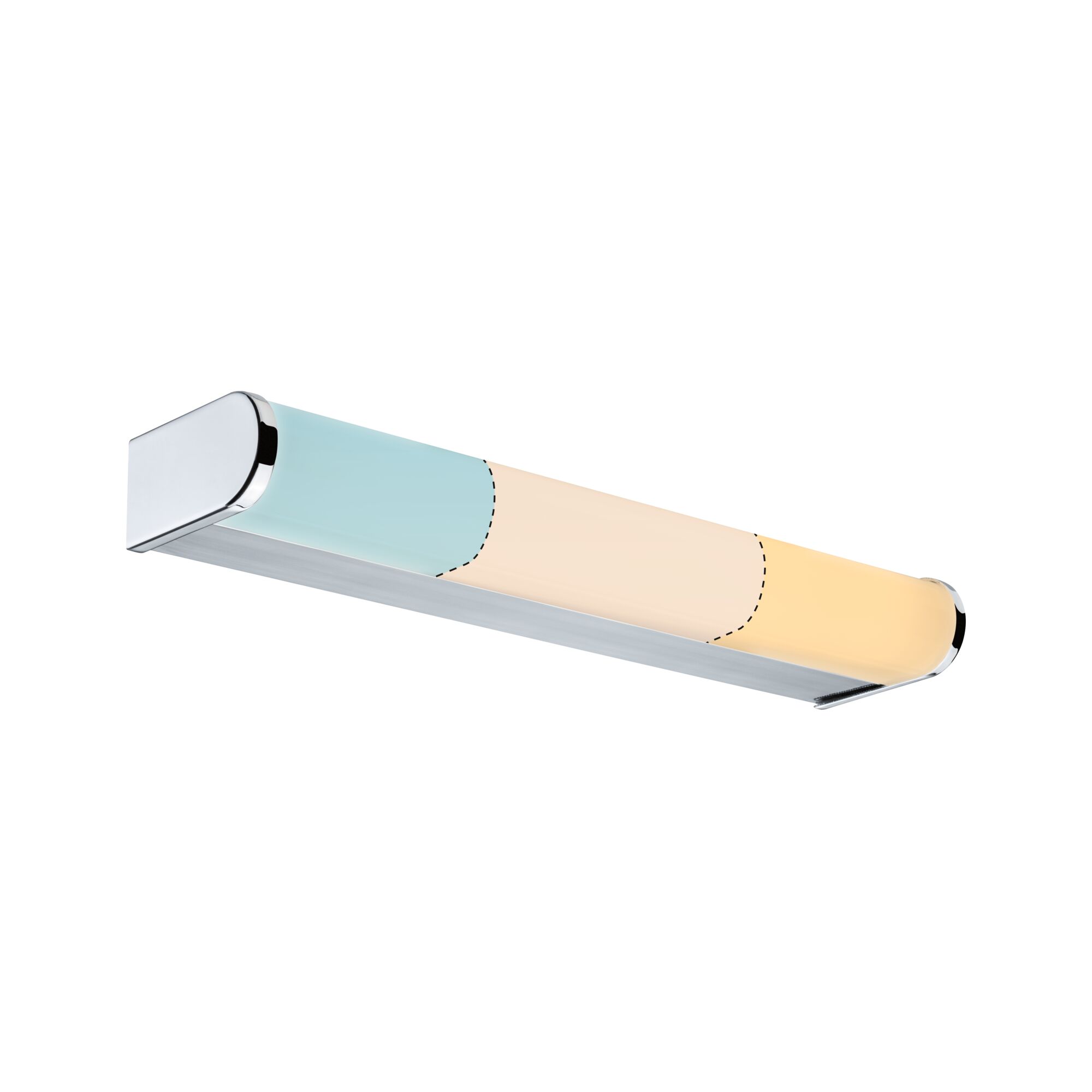 Moderne LED-Wandleuchte aus Aluminium mit stufenlos einstellbarem Farbtemperaturverlauf in Blau, Weiß und Warmweiß.