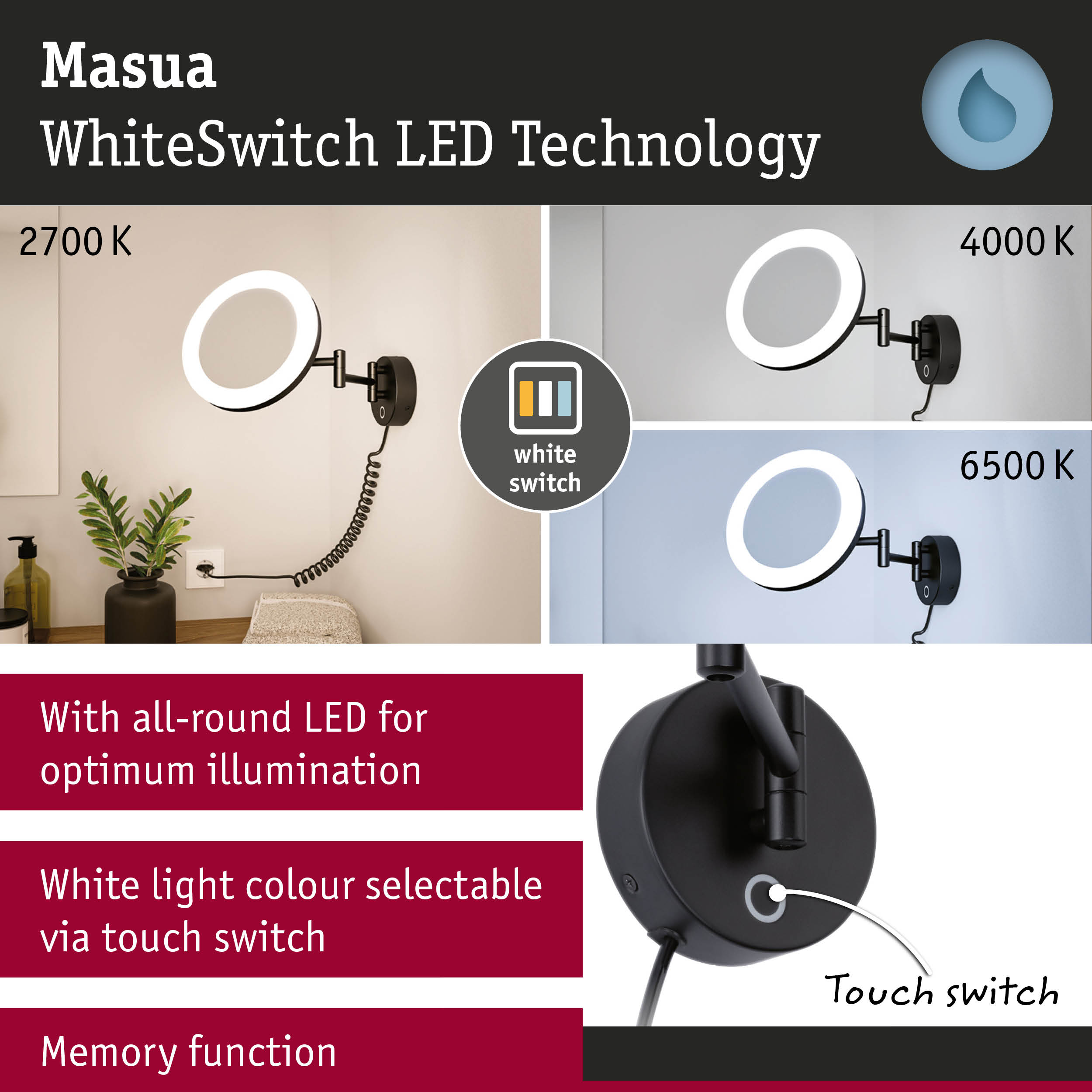 Masua black LED wall light with WhiteSwitch technology, touch switch and adjustable white light colour temperature