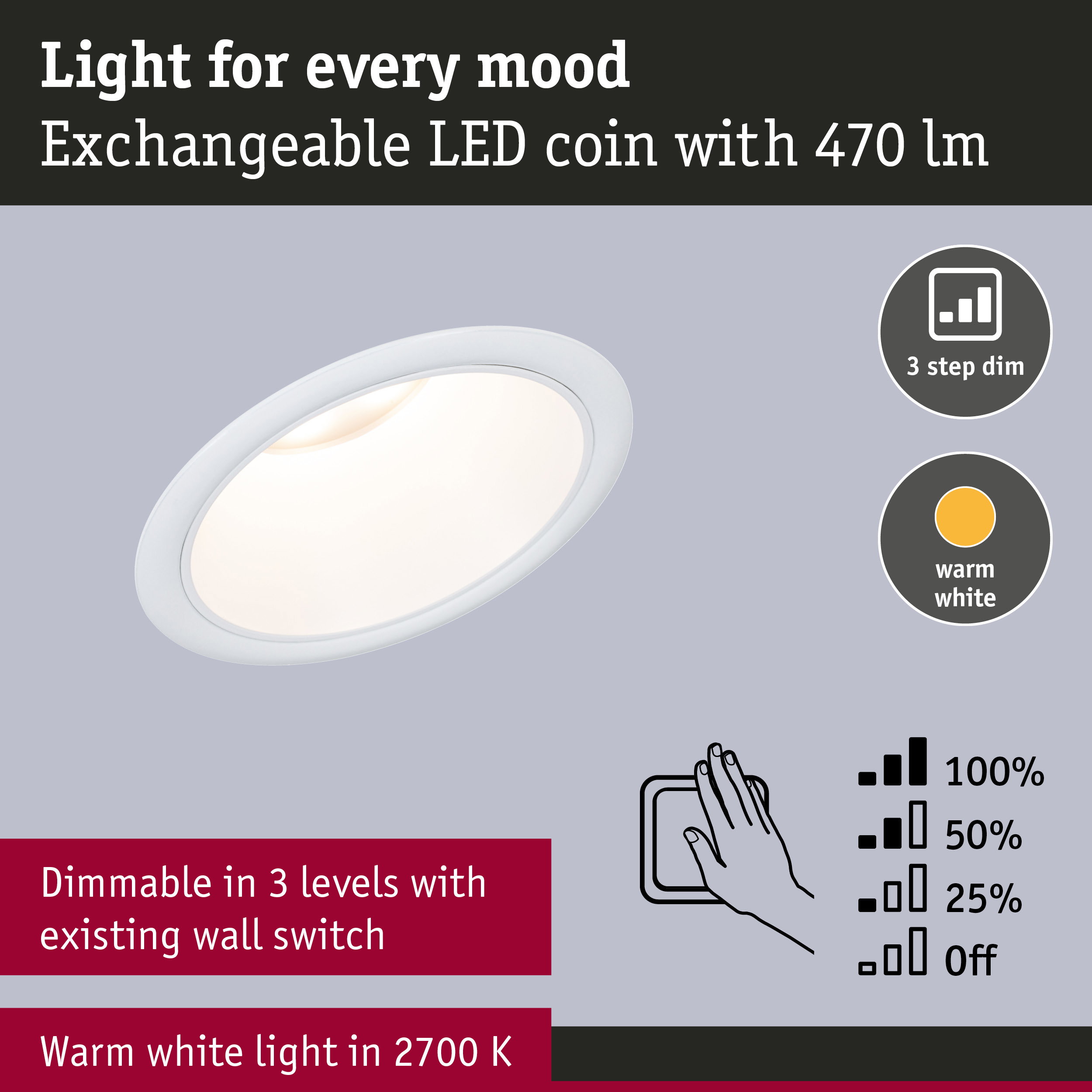 White LED recessed light with 470 lumens, dimmable in 3 steps via wall switch, warm white light 2700K