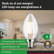 Transparante LED-lamp met warm wit licht en ultra-efficiënte technologie tegen groene bosachtergrond