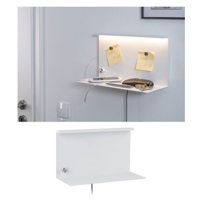 Étagère murale blanche en métal avec éclairage LED et espace de rangement pour clés et téléphone
