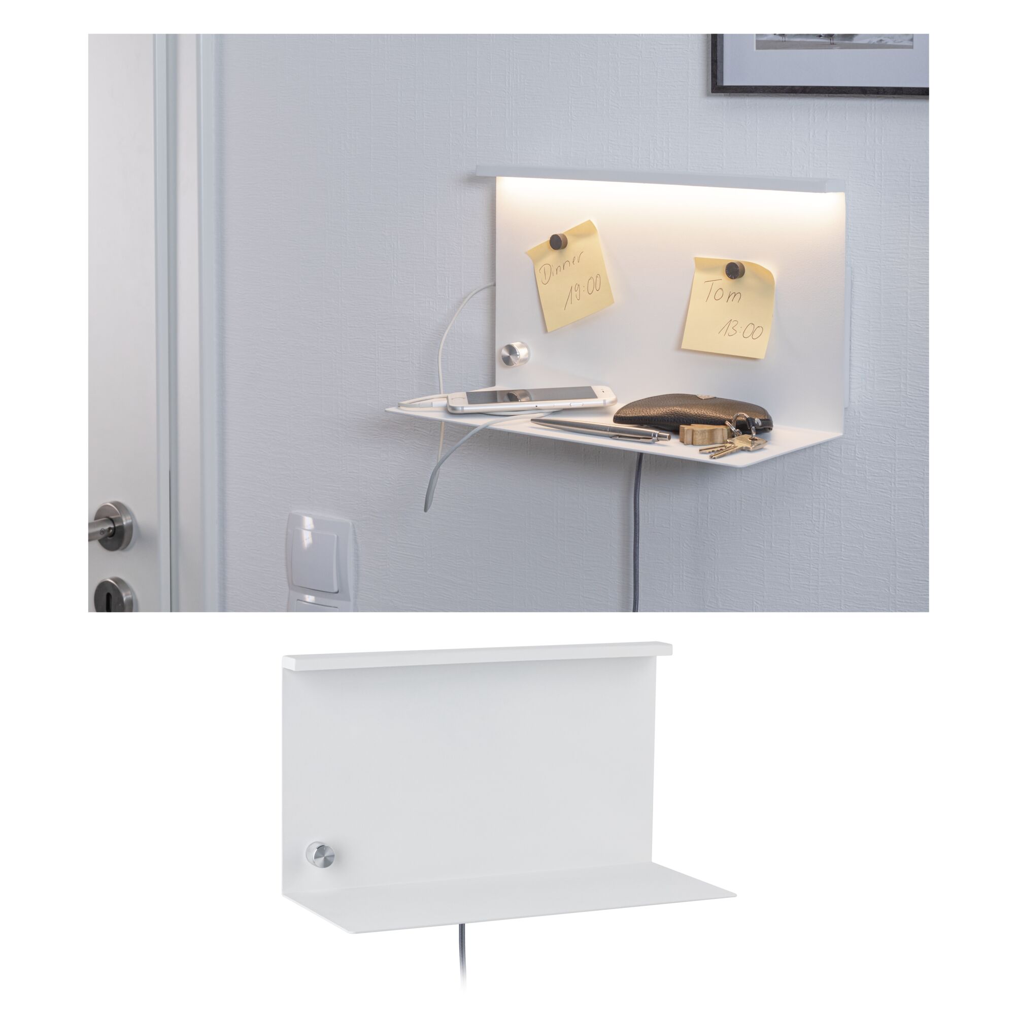 Oświetlenie ścienne LED Jarina 3000K 440lm 230V 4,5W ściemnialny Biały White metal wall shelf with LED light and storage space for keys and phone