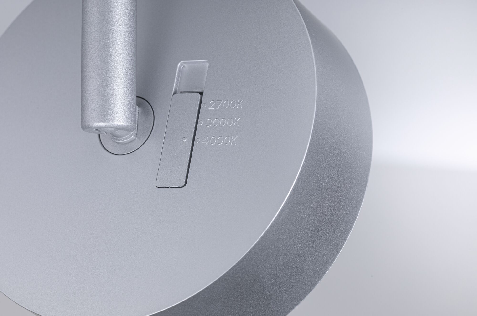 Silver LED light head with switch for 2700K, 3000K, 4000K colour temperatures, aluminium material