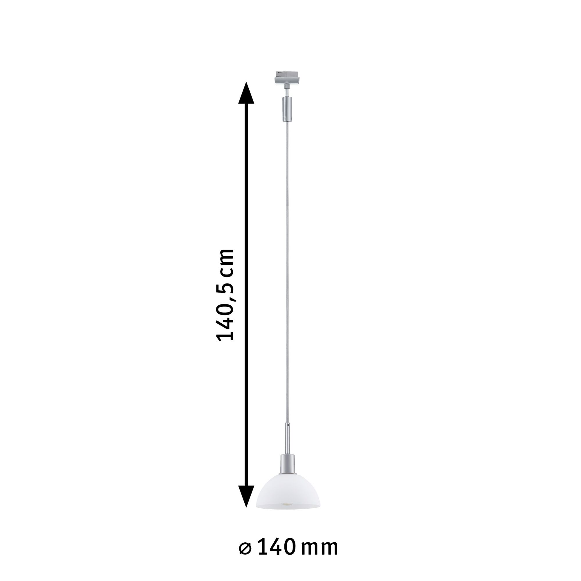 Pendant light with white glass and silver metal, 140 mm diameter, 140.5 cm length, modern LED lighting fixture