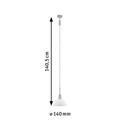 Pendant light with white glass and silver metal, 140 mm diameter, 140.5 cm length, modern LED lighting fixture
