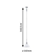Pendant light with white glass and silver metal, 140 mm diameter, 140.5 cm length, modern LED lighting fixture