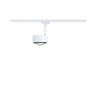 Weißer LED-Spot aus Metall an Schienensystem für flexible Beleuchtung im Innenraum