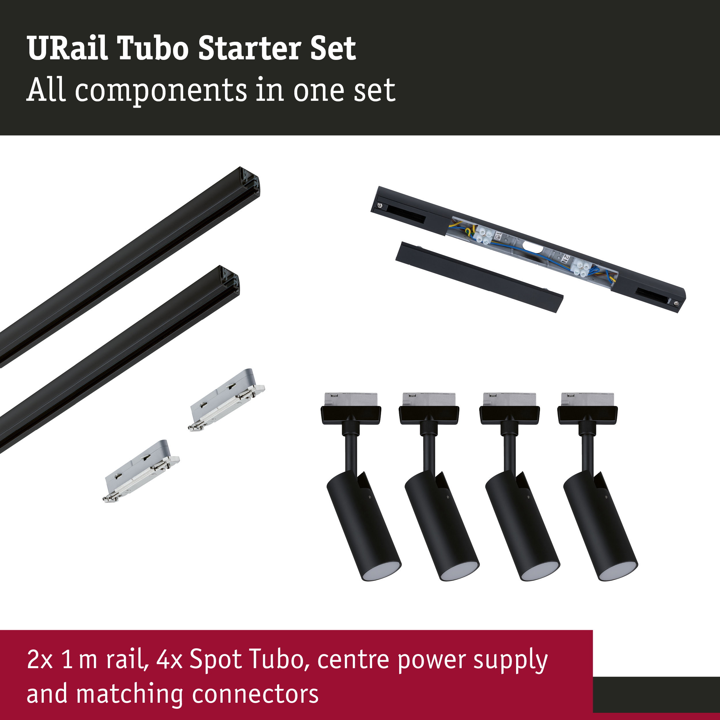 URail Rail spot Tubo Starter set 4x250lm 4x4,5W 3000K 230V Black matt