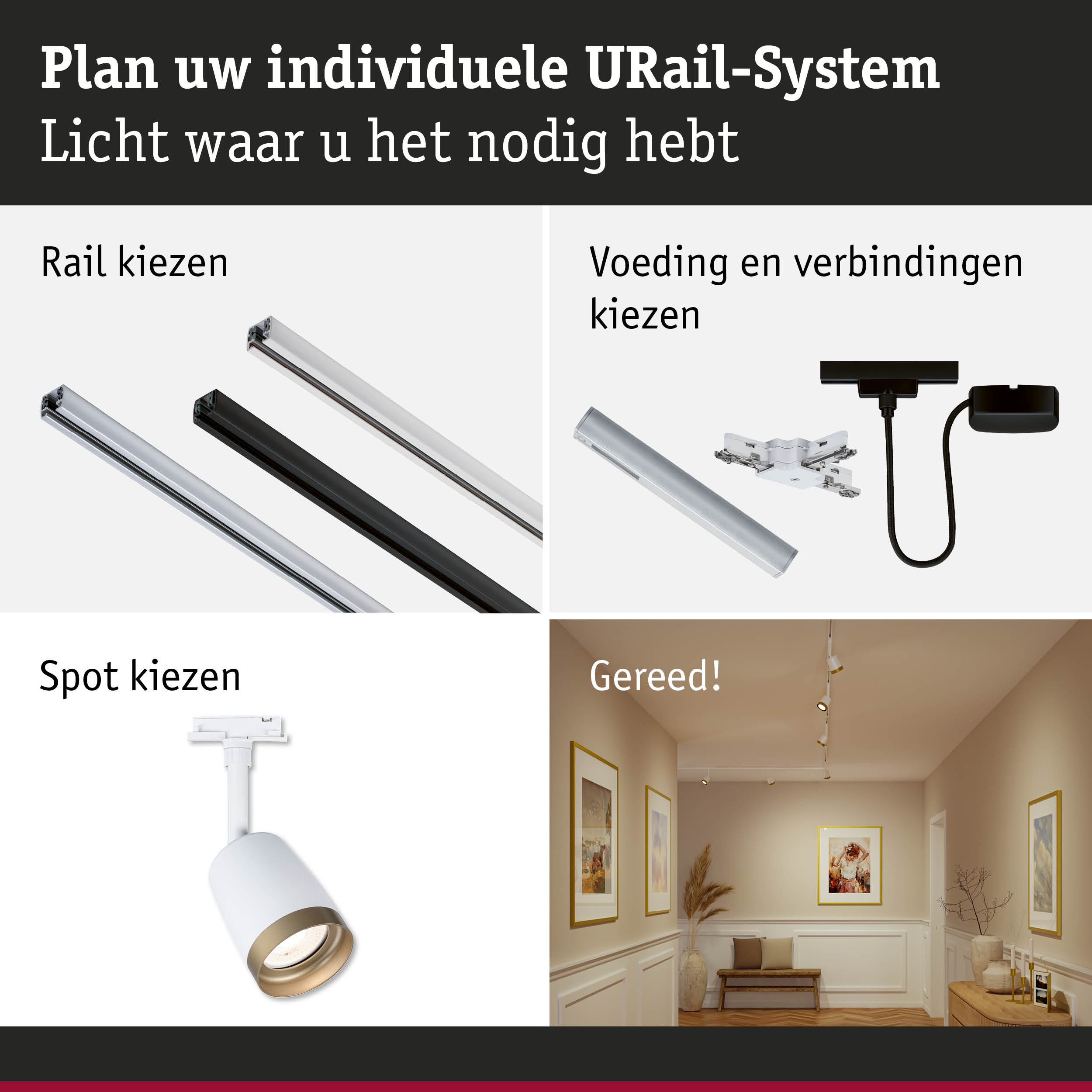 Modulair URail-systeem met witte en zwarte rails en LED-spots voor flexibele verlichting