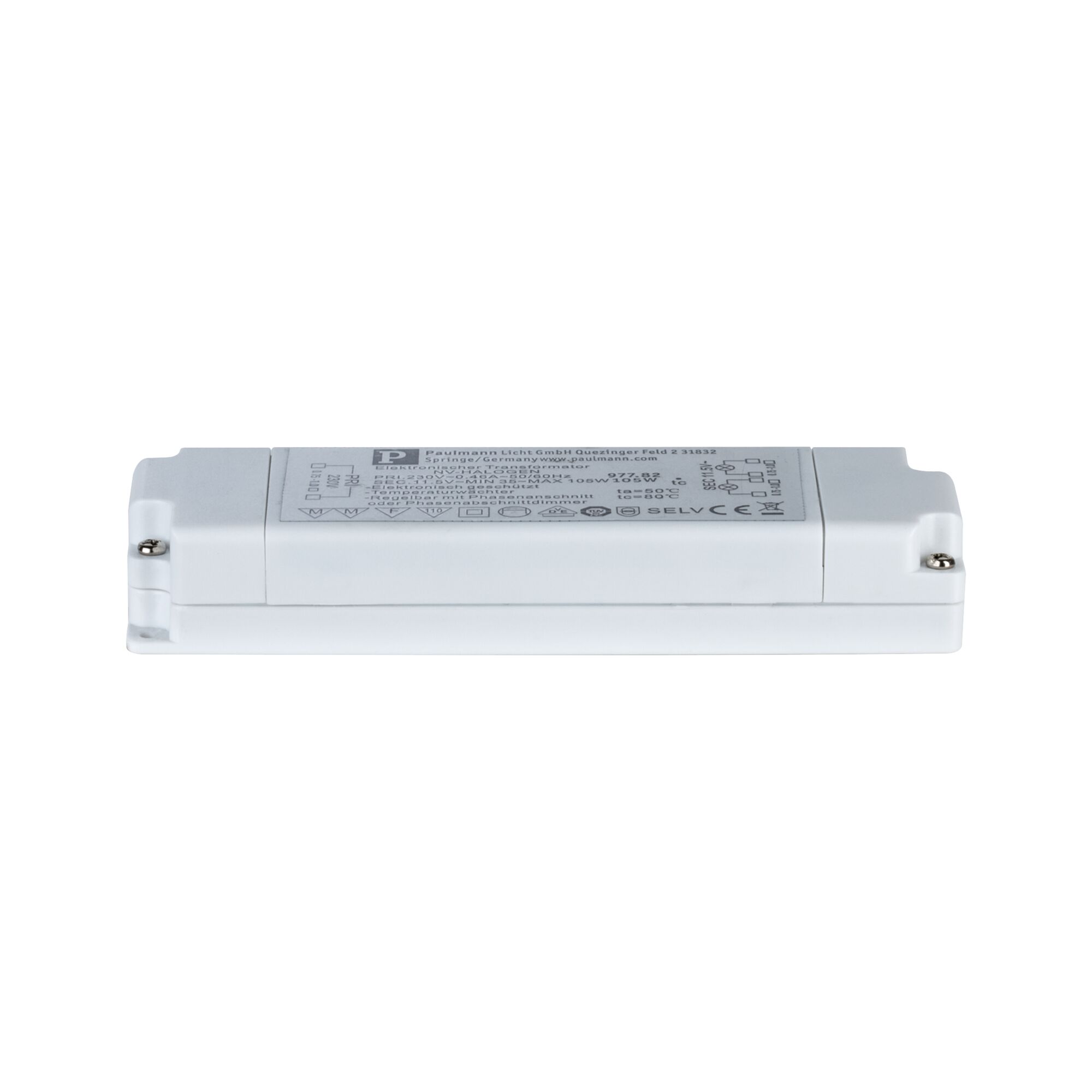 VDE Elektroniktrafo Flat Halogen AC max. 35-105W 230/12V 105VA Weiß Weißer elektronischer LED-Treiber aus Kunststoff für energiesparende Beleuchtungssysteme