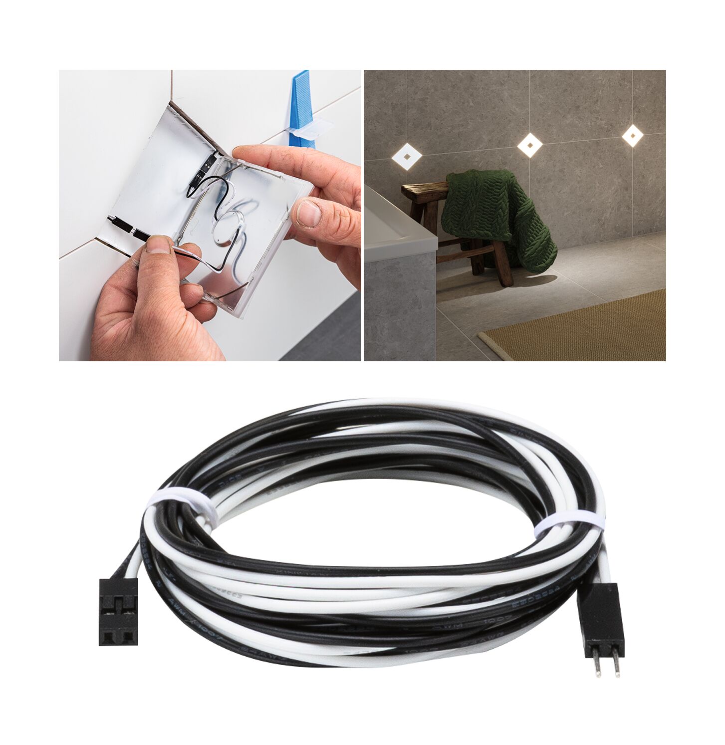 Black and white LED connection cable with installation in tiled wall for lighting setup