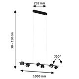 Black LED pendant light with six adjustable spotlights and 100 cm length for modern indoor lighting