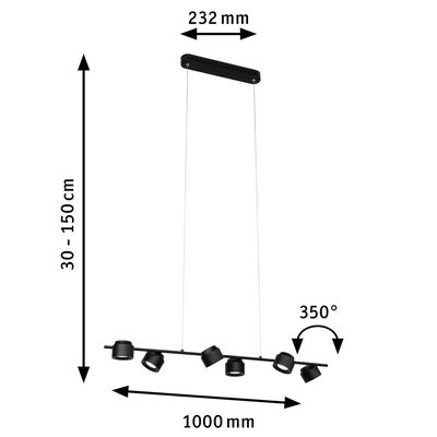 Suspension LED noire avec six spots réglables de 100 cm pour un éclairage intérieur moderne